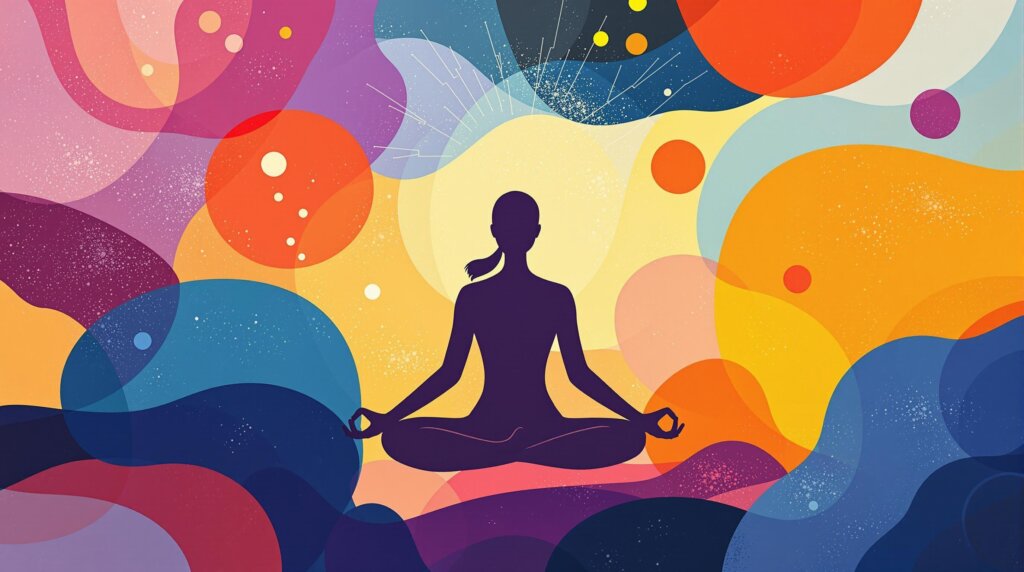 An abstract illustration of a peaceful figure practicing pranayama with vibrant shapes around them