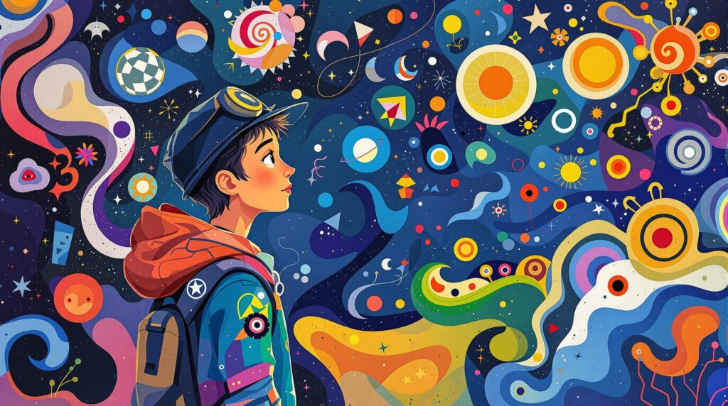 An abstract illustration of a young explorer surrounded by vibrant, geometric shapes in vivid colors.