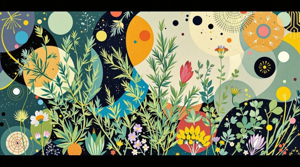 An abstract illustration of rosemary and various herbs with dynamic background patterns.