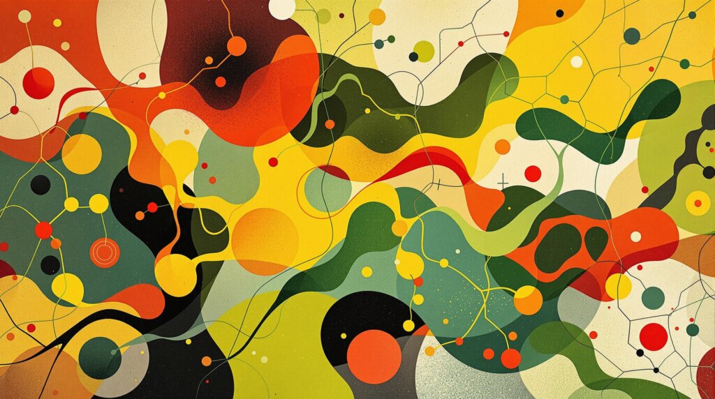 Illustration of colorful quercetin molecules against an abstract background.