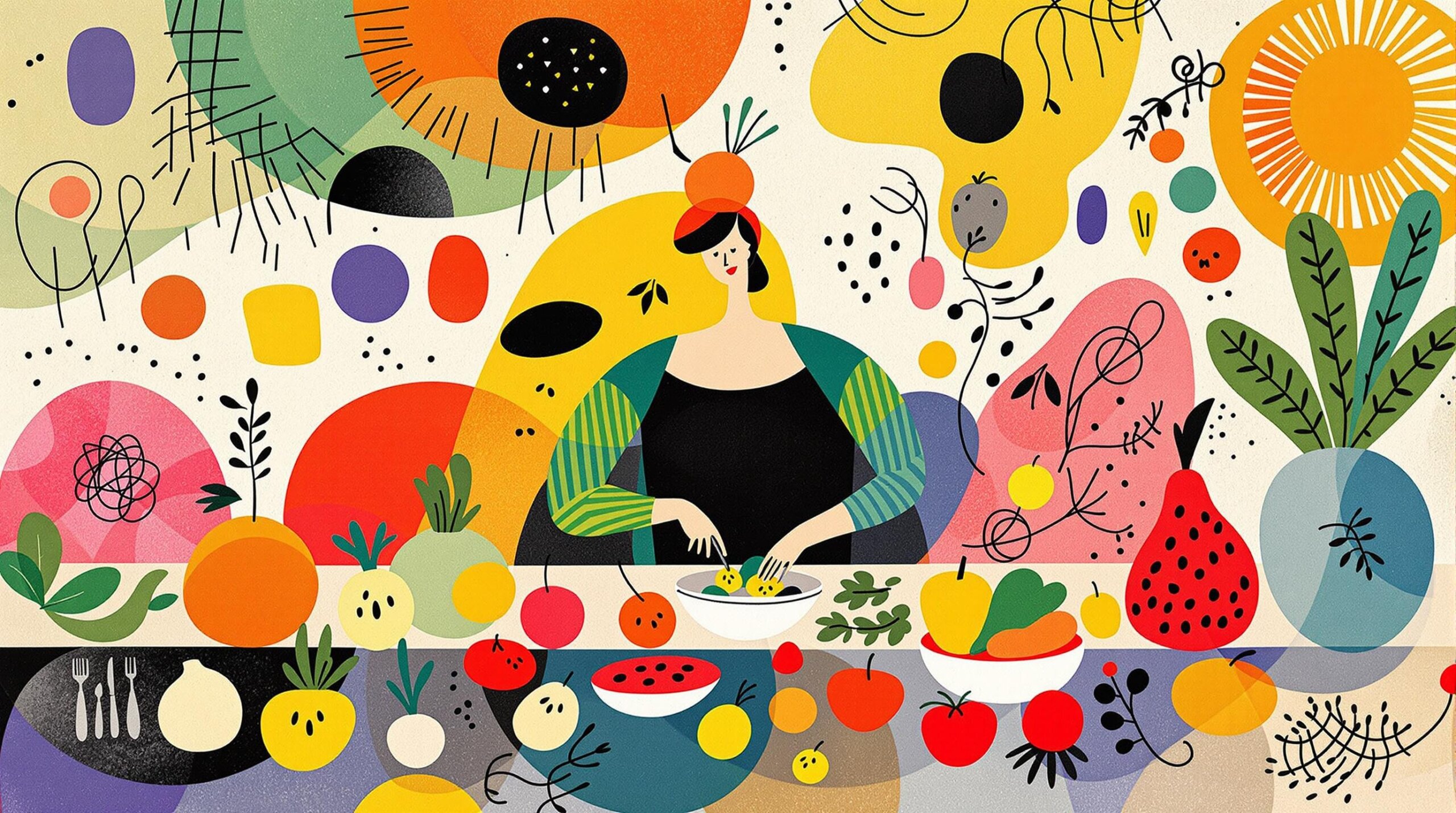 An abstract illustration of a person preparing a healthy meal with vibrant colors and shapes