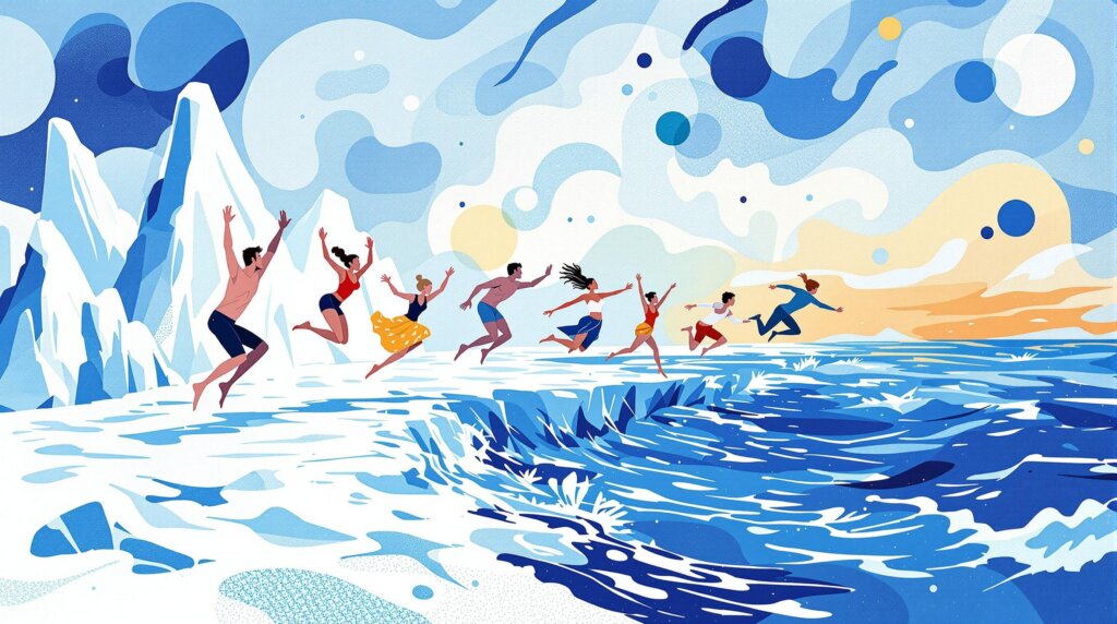 A diverse group of people energetically jumping into a freezing ocean.