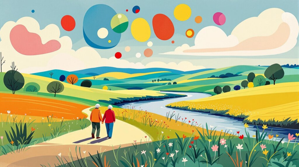 An elderly couple walking along a countryside path near a river under a colorful abstract sky.