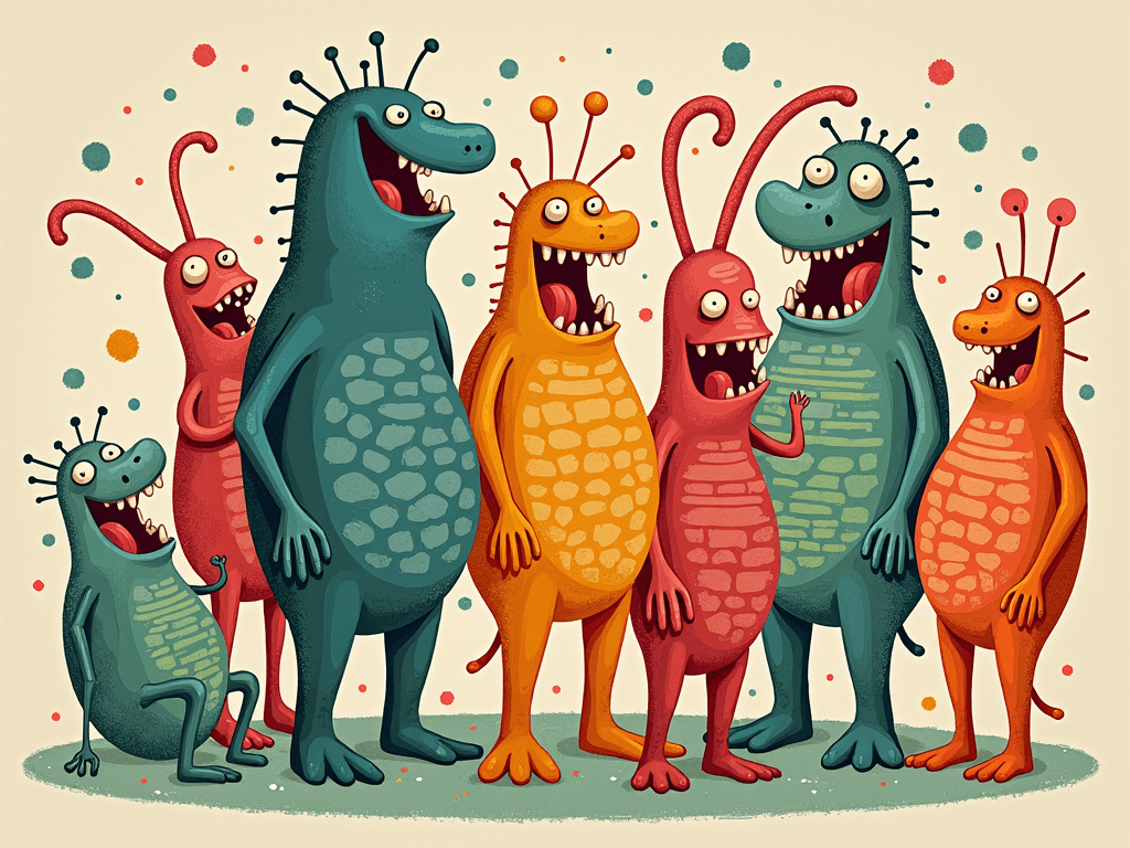 Friendly bacteria characters interacting within the human gut.