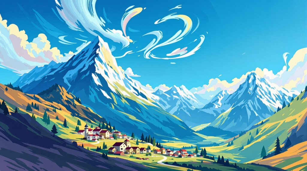 A scenic high-altitude village with colorful houses nestled among mountains under a vibrant sky.