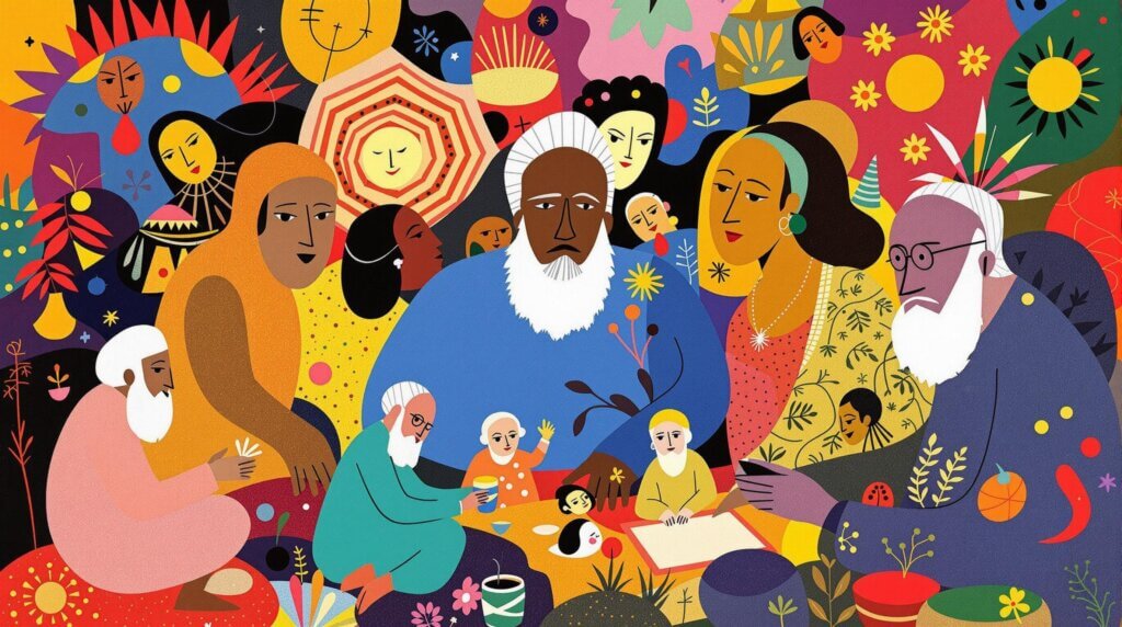 Illustration of indigenous elders engaging in cultural activities and sharing wisdom.