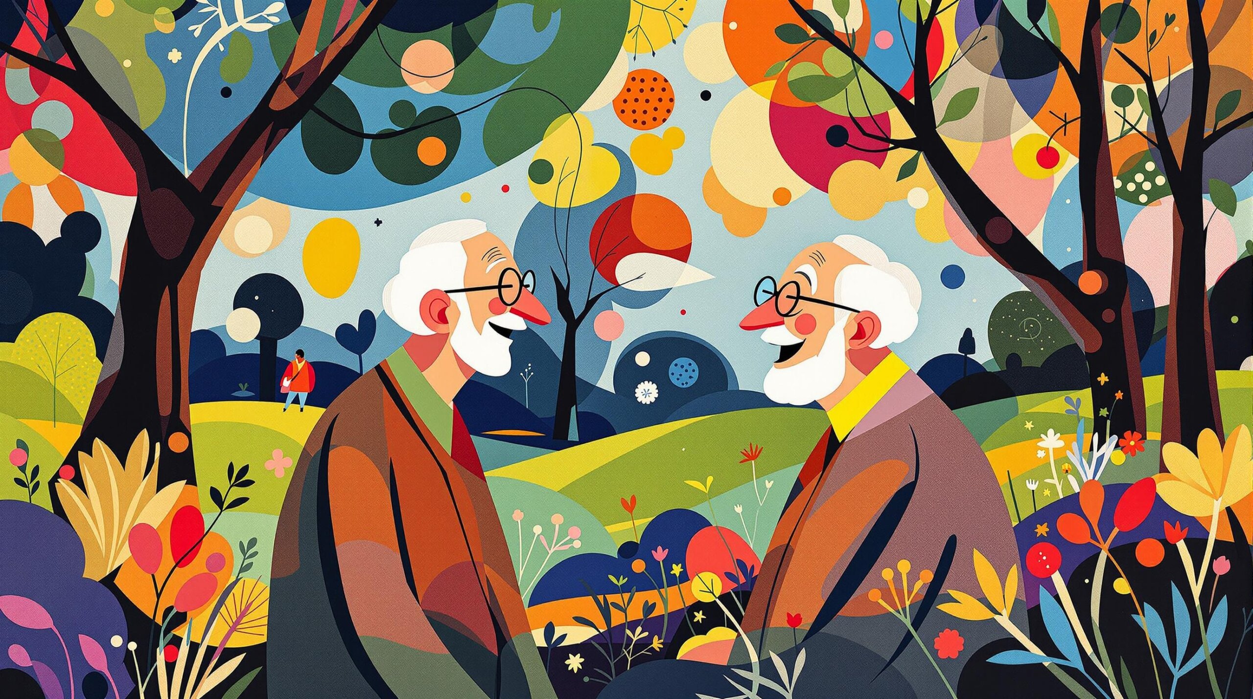 Artistic depiction of two elderly individuals conversing in a vibrant abstract setting.
