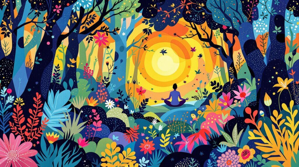 An abstract, colorful illustration of a person meditating in a lush forest, emphasizing tranquility and peace.