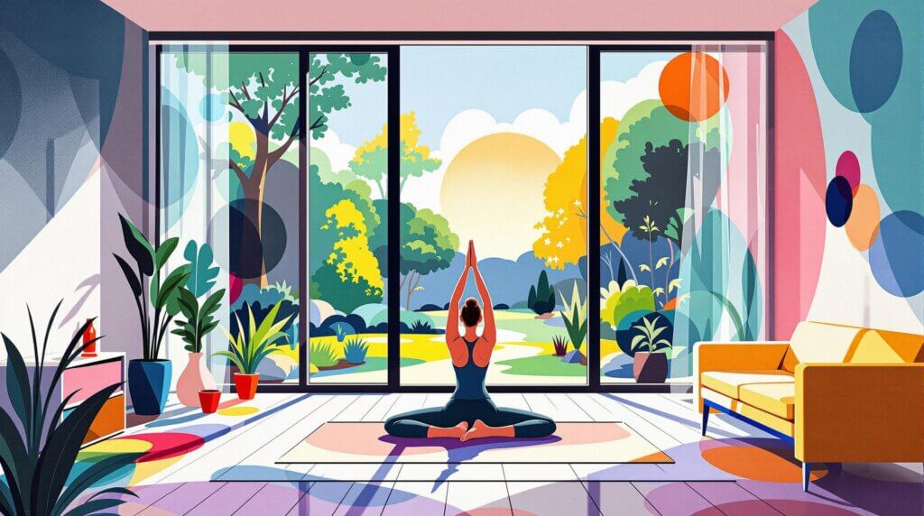 A person practicing yoga in a minimalist room with abstract shapes and bright colors.