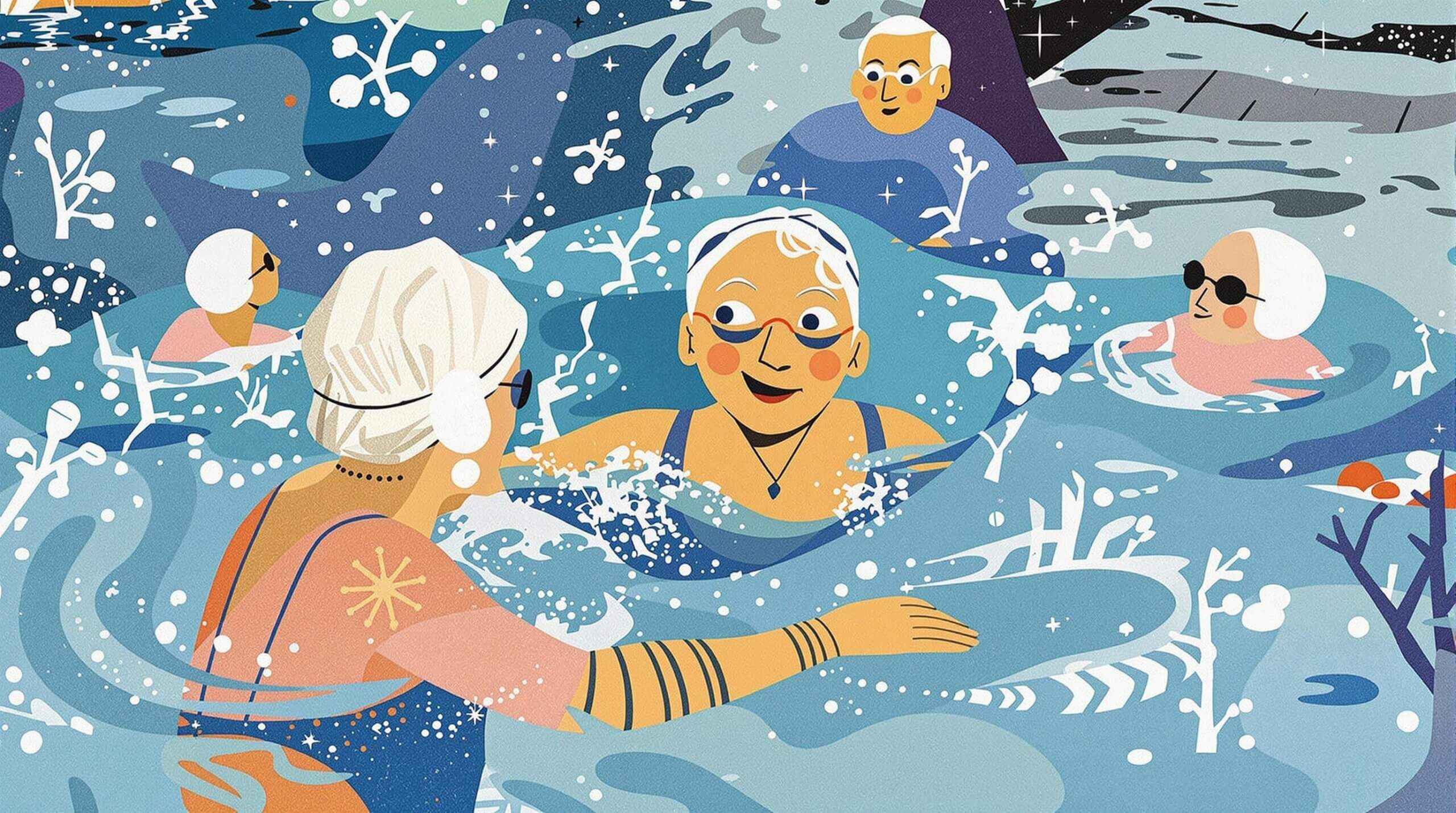 A collage of people of various ages in a swim class, created in the playful style of Hannah Höch.