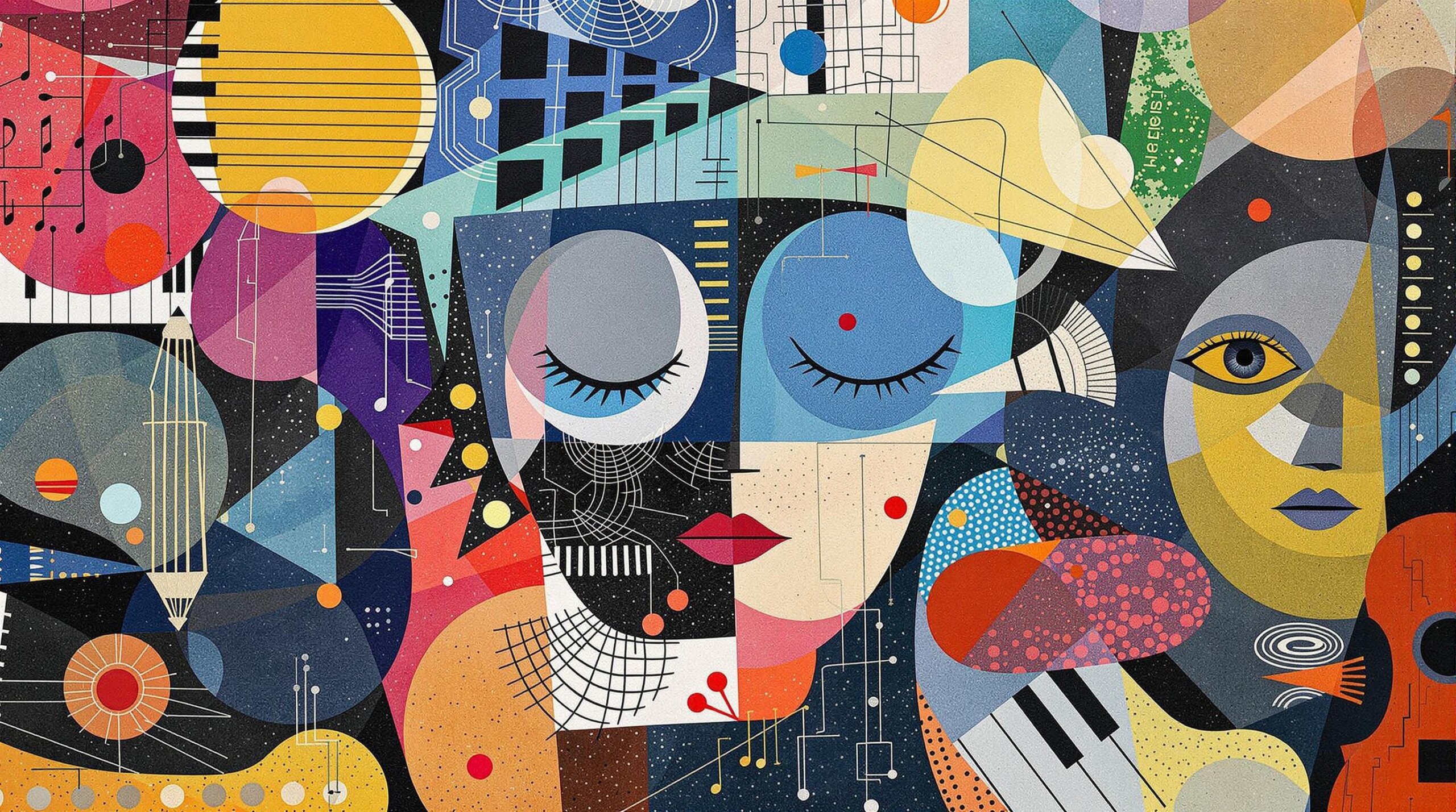 A collage of musical instruments, human faces, and abstract forms symbolizing sonic therapy effects.