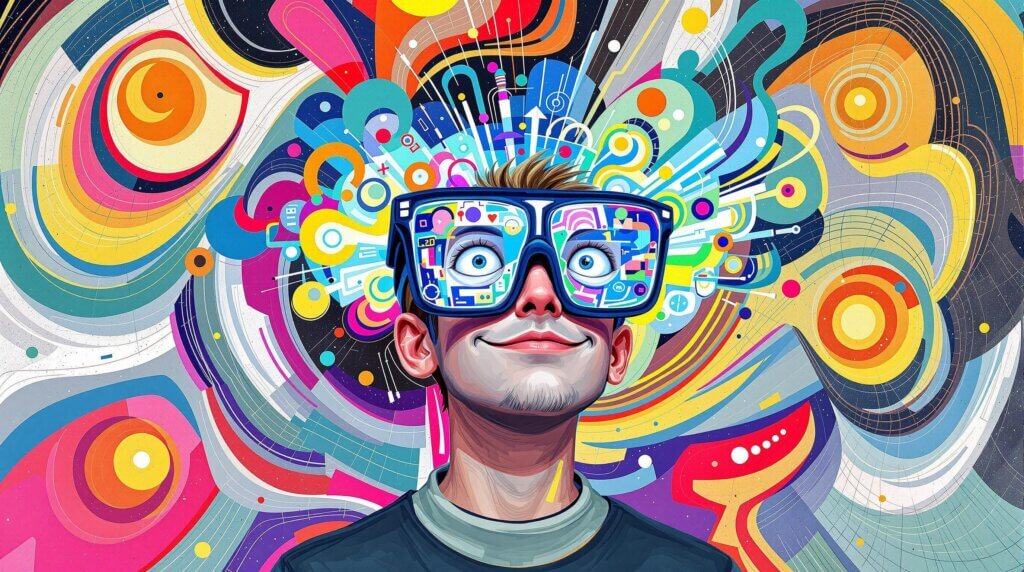 Illustration of a person wearing oversized blue light blocking glasses surrounded by abstract patterns.
