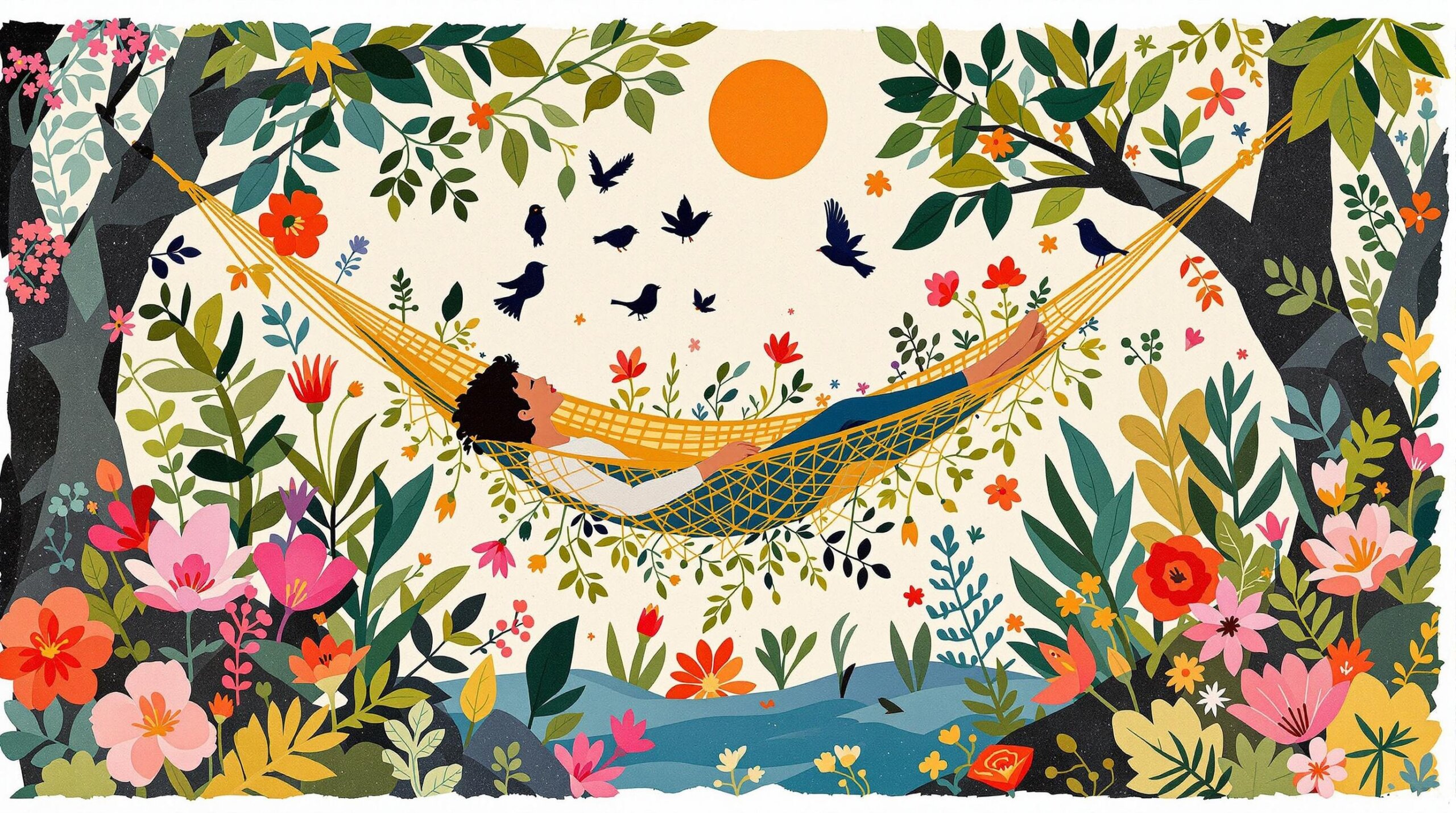 A person relaxing in a hammock amidst abstract representations of nature in bright colors.