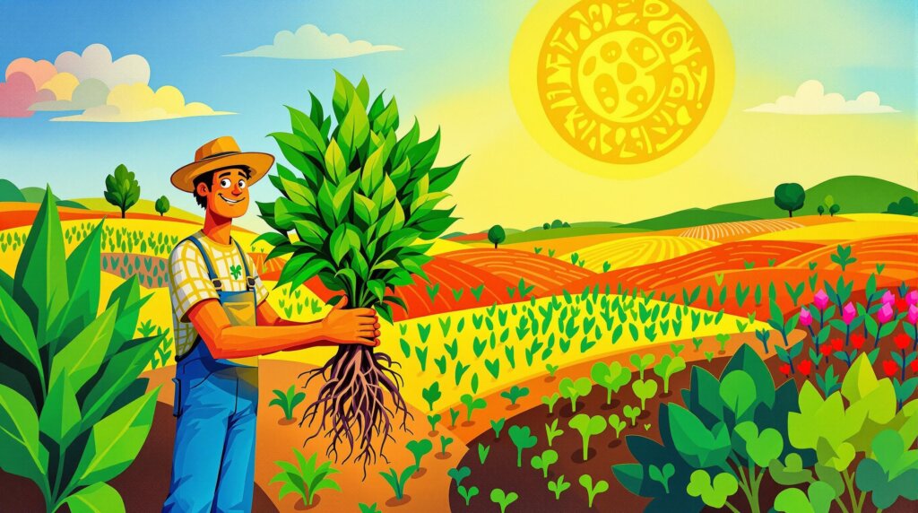 An illustration featuring a farmer holding a healthy plant with flourishing crops all around and an abstract sun in the sky.
