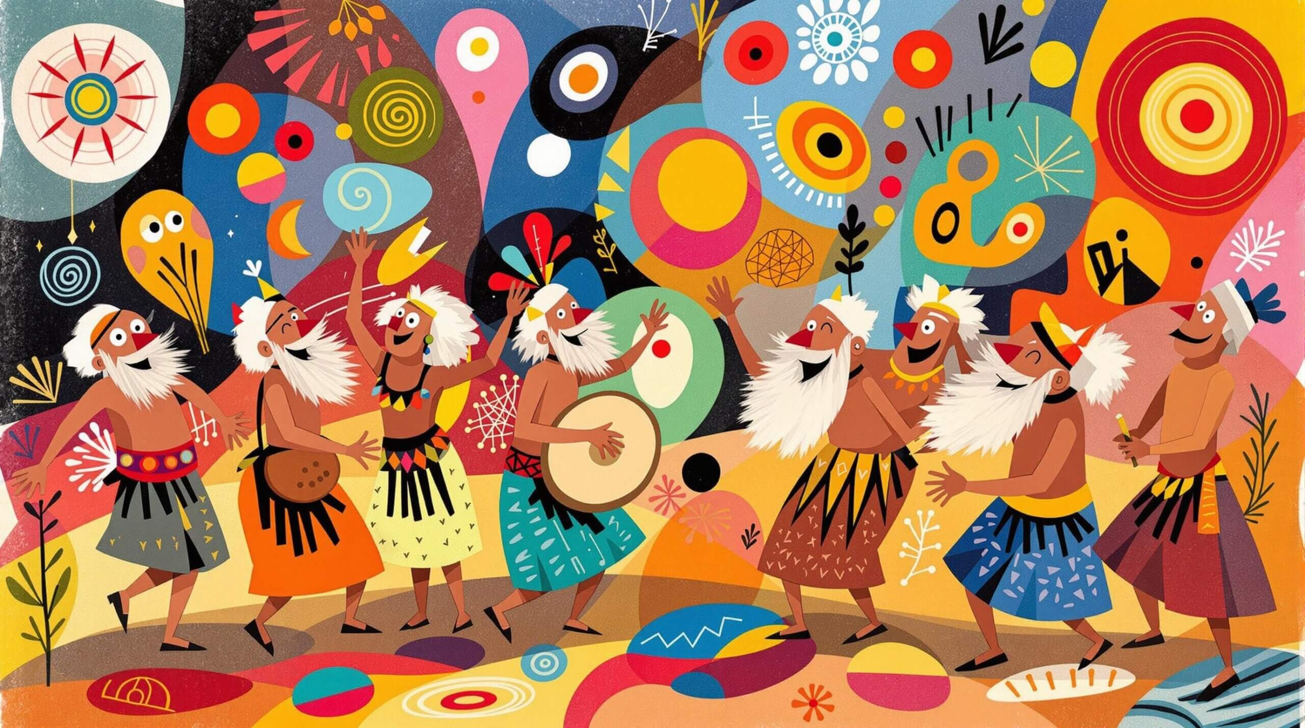 Abstract illustration depicting a lively tribal festival with elder dancers and musicians.