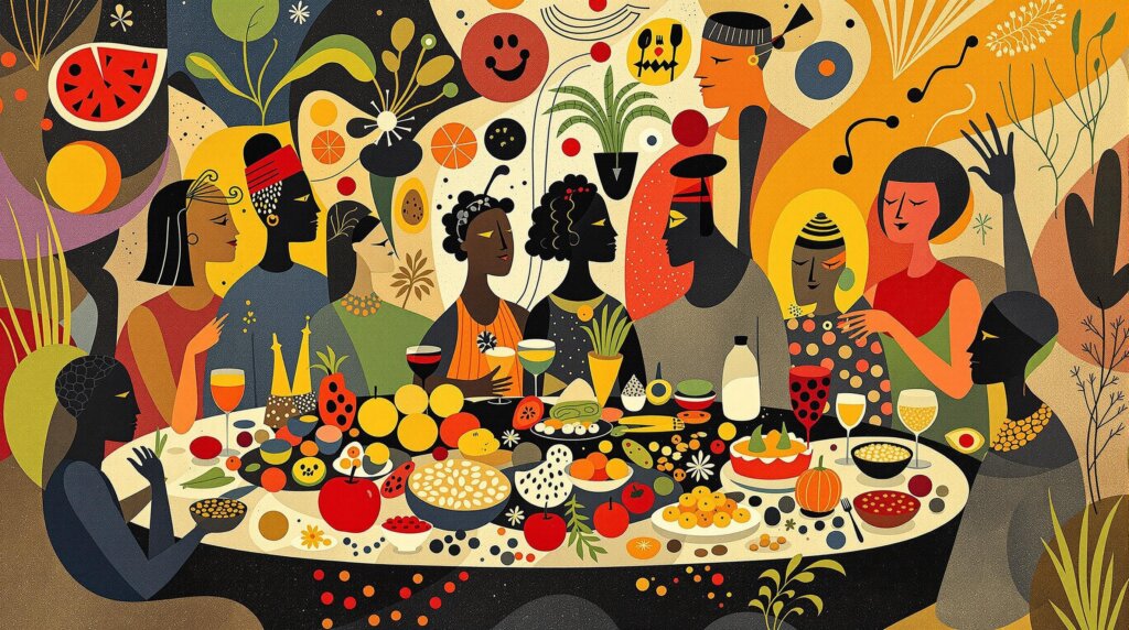 Color illustration of people celebrating with healthy foods in a vibrant setting