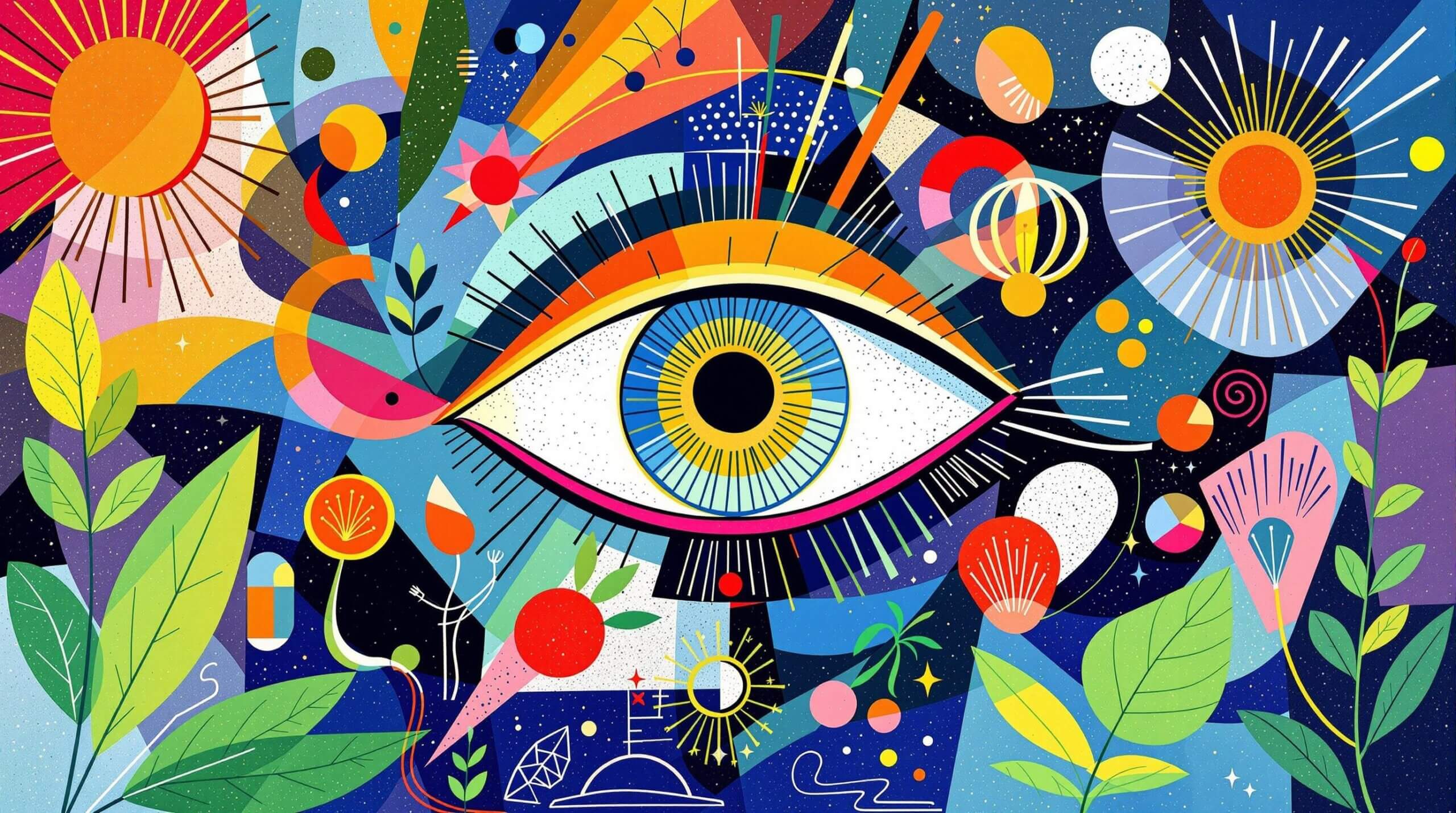 An abstract eye with colorful shapes indicating health and vitality in an artistic style.