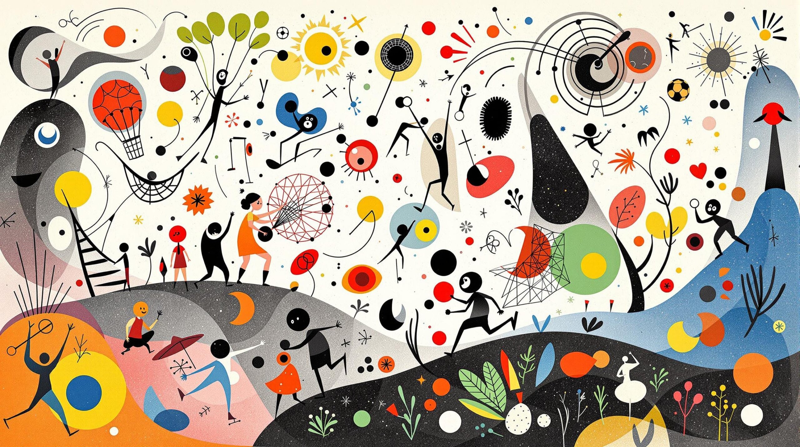 A whimsical art illustration of characters engaging in sports, highlighting physics in motion.