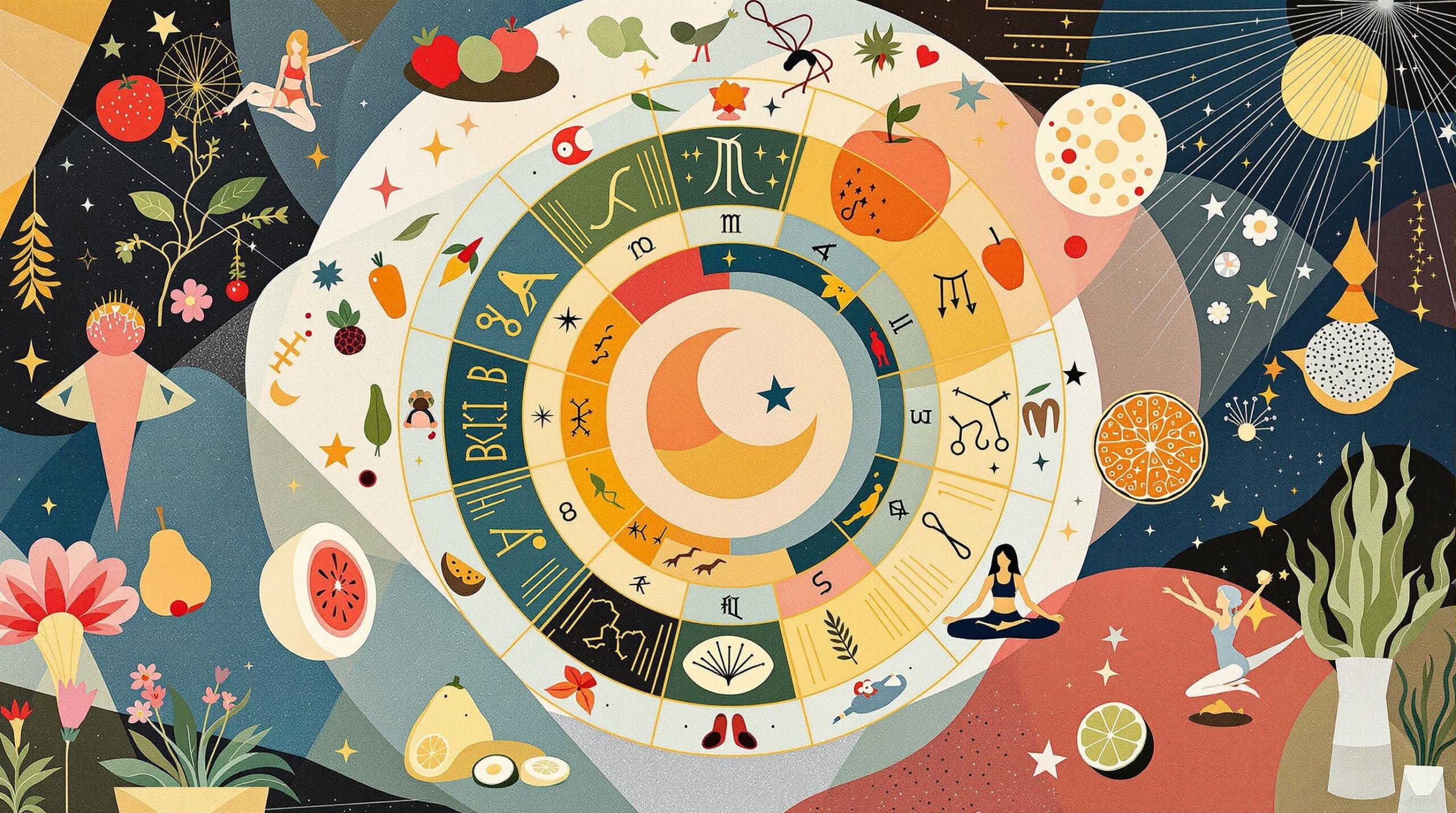 Zodiac wheel and health elements in a collage.