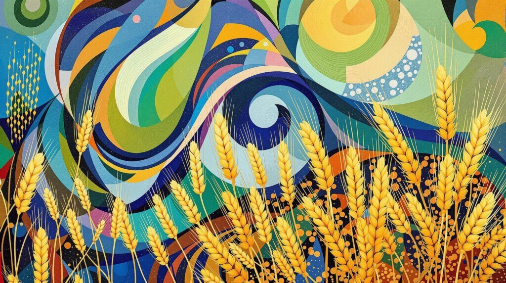 An illustration showcasing ancient wheat grains in a vibrant, Kandinsky-inspired abstract style.