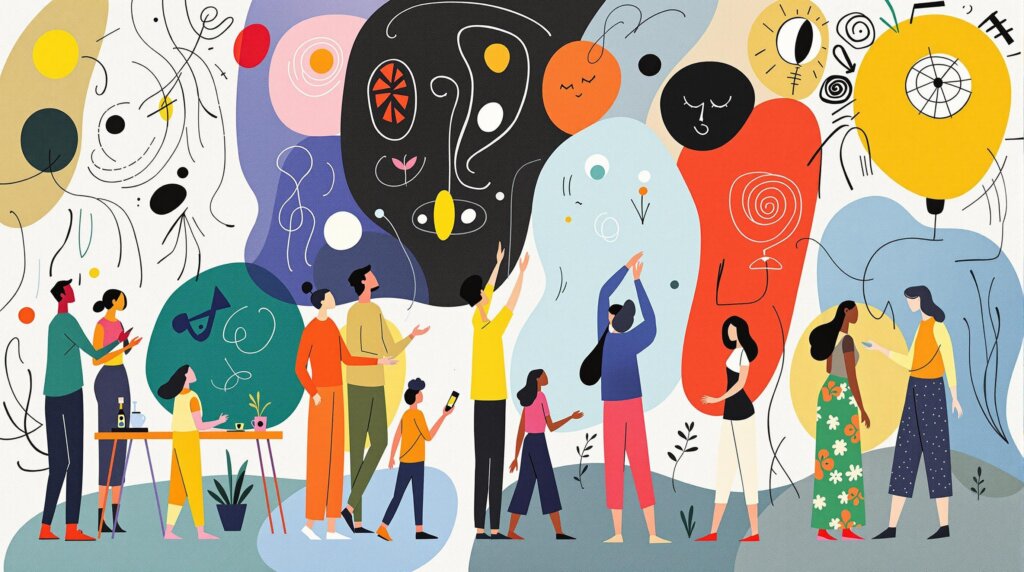 An illustration depicting people engaged in standing activities with abstract colorful backgrounds.