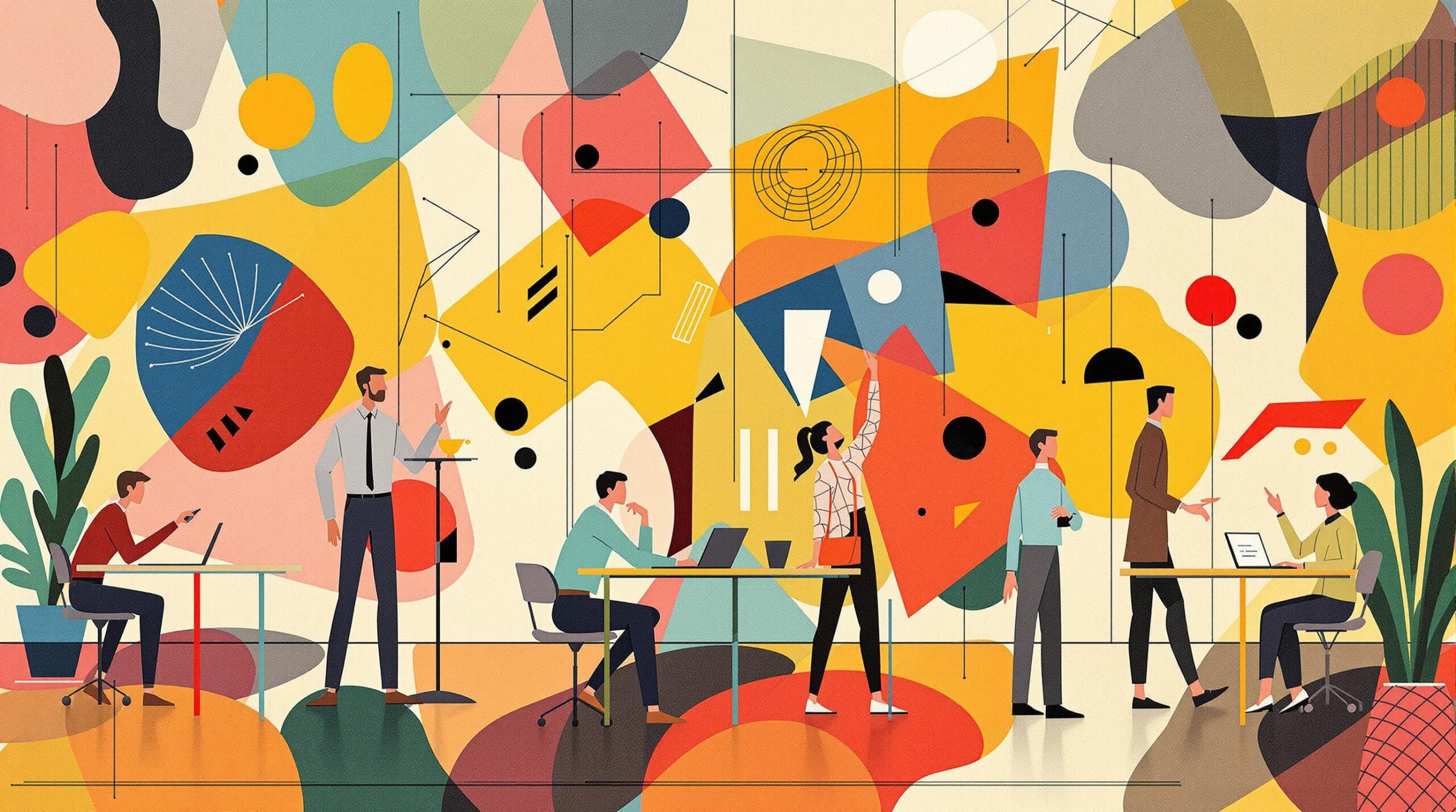 Abstract illustration of people using standing desks in an office with colorful geometric patterns.