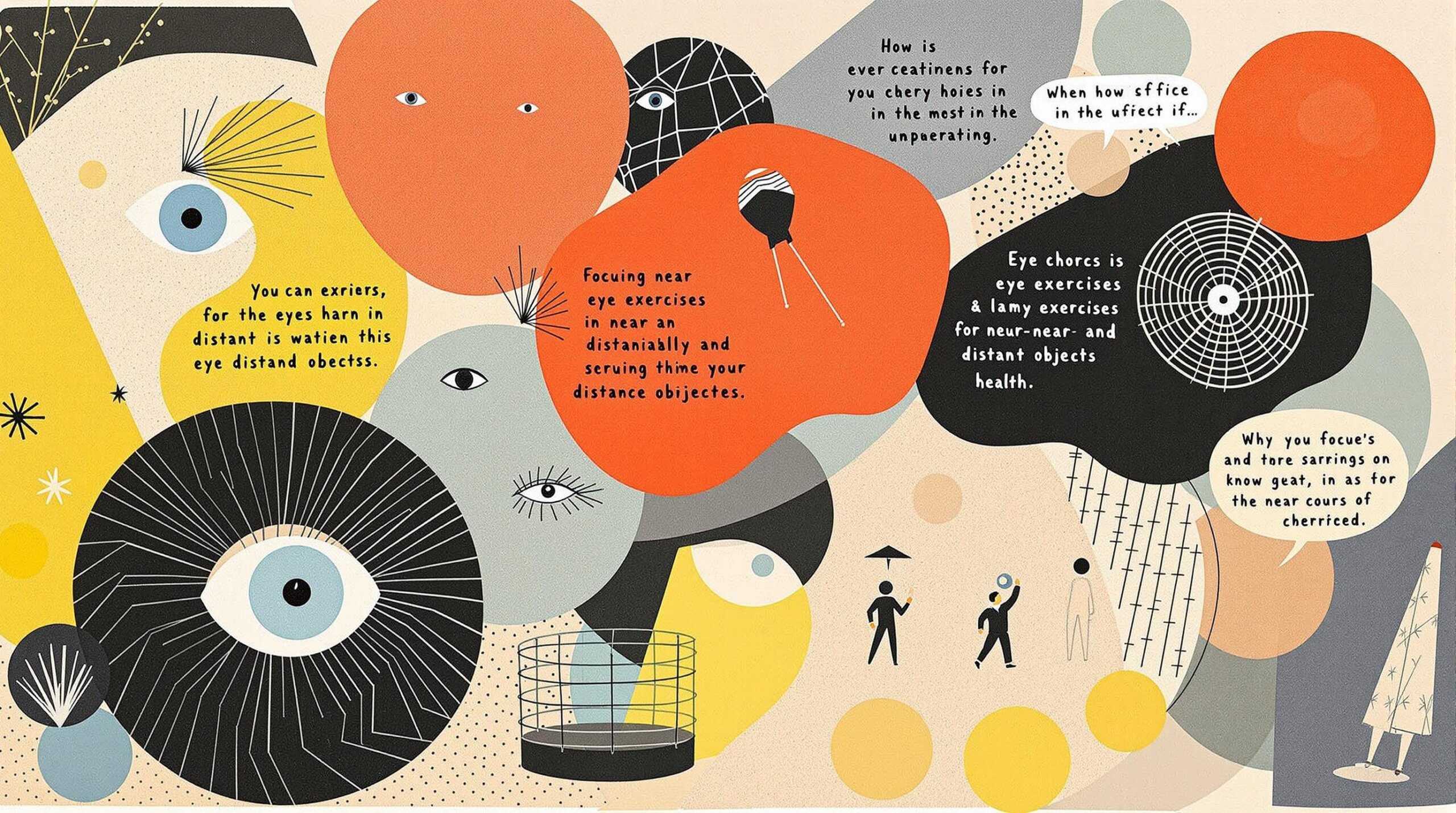 Various eye exercises depicted in a collage against an abstract background.